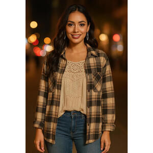 Preloved Neutral Plaid Button-Up Shirt Women’s XL Soft Flannel Feel, Lined Back